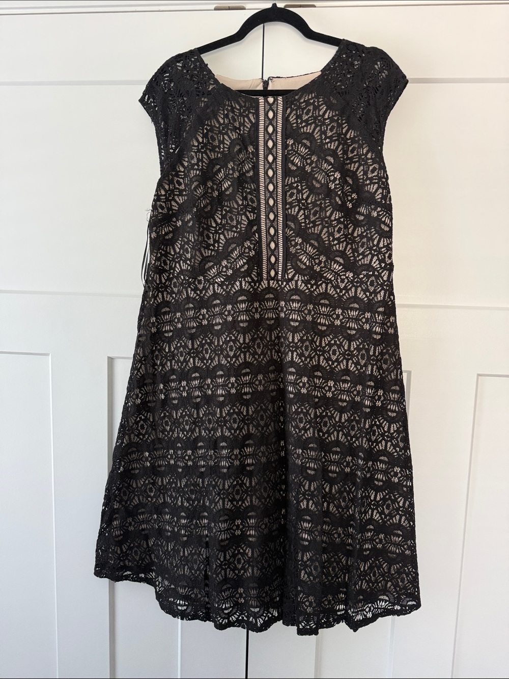 Black Lace Cap-Sleeve Dress with Nude Lining